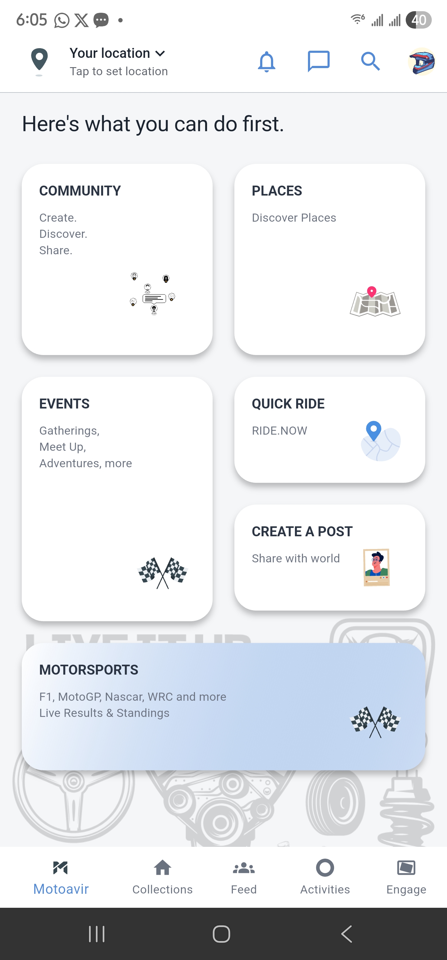 Motoavir social feed showing rider posts with photos and videos